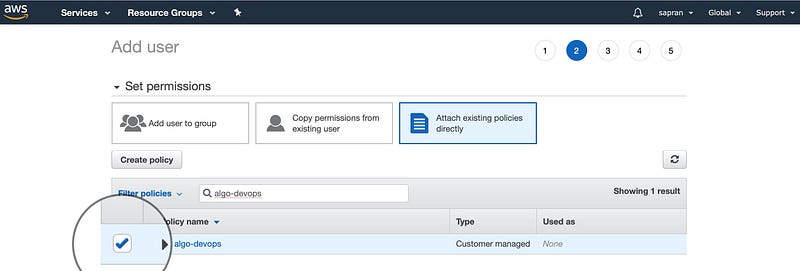 Attach AWS IAM policy to Algo user