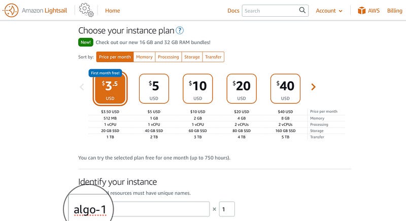 Select instance size and name